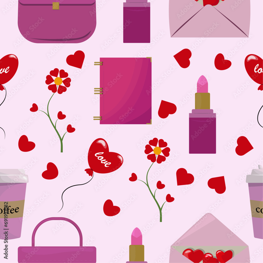 Pink pattern with cosmetics and accessories. Vector illustration Pink pattern with cosmetics and accessories. Vector illustration