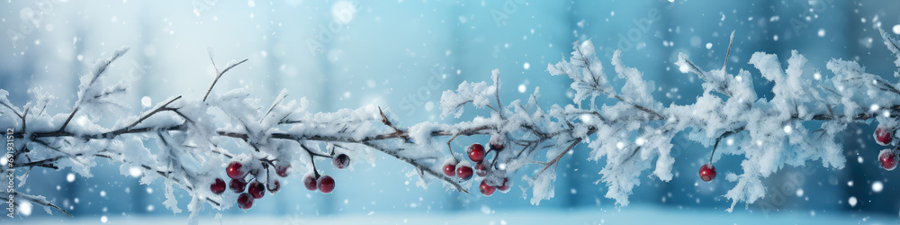 Frozen red berries in winter forest, panoramic banner.