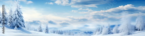 Winter landscape with snow covered trees and blue sky. Christmas banner.