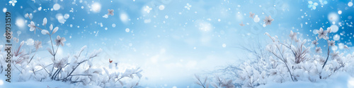 Winter landscape with snow covered trees and blue sky. Christmas banner.