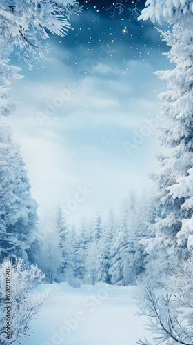 Winter landscape with snow covered trees and blue sky. Christmas background.