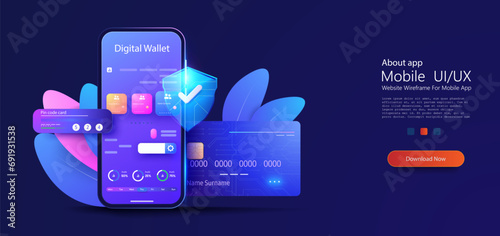 Secure Digital Wallet Concept Illustration with Credit Cards, Smartphone Interface and Cybersecurity Shield. Smart wallet concept credit or debit card payment application on smartphone screen. Vector photo