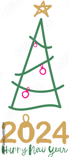 Happy New Year 2024 drawing line tone. Happy Holiday. 