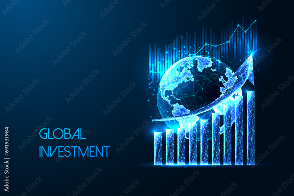 Global investment, world stock market futuristic concept with Earth globe and growth graph - obrazy, fototapety, plakaty 