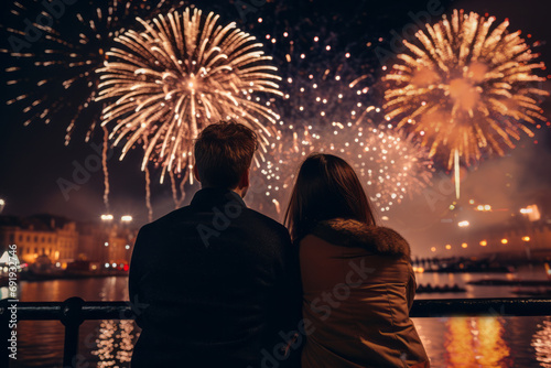 A happy and close couple looks out over the cityscape at night with colorful fireworks celebrating the new year. Merry Christmas or Happy New Year concept.