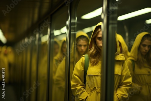 Woman Experiencing Claustrophobia - Hooded Jacket in a Confined Glass Passage