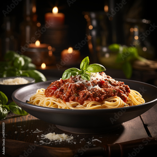 Savory Delight: Steaming Bolognese Bowl with Fresh Basil and Parmesan