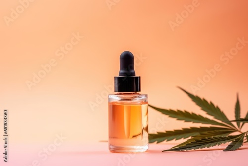 Close-up photo of cosmetic marijuana oil against a light peach-colored background