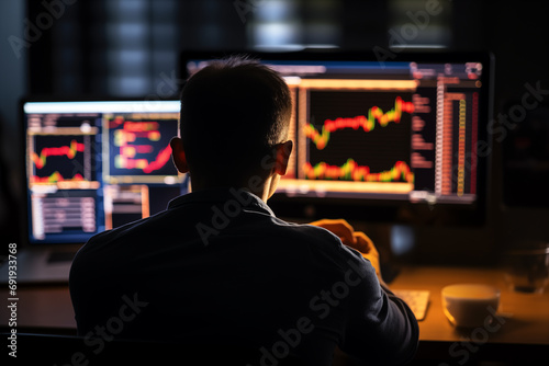 Unrecognisable man with his back turned sitting in a chair investing in the stock market. Dark room. On the monitor a graph is displayed.