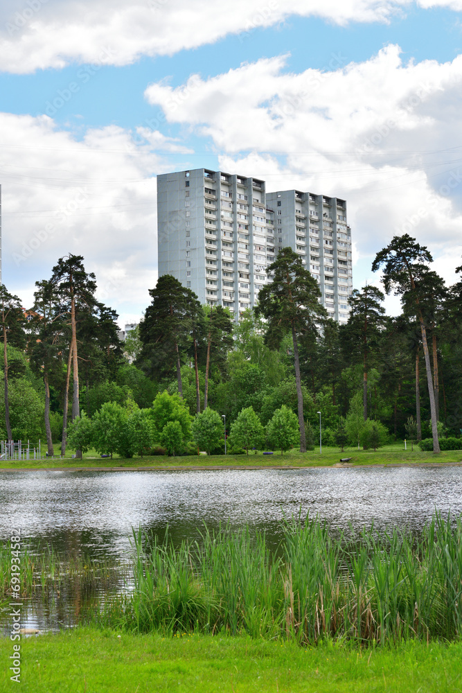 Multi-storey residential buildings on shore of Shkolnoye Lake in Zelenograd in Moscow, Russia