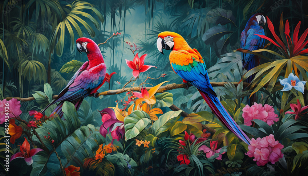 Illustrate a vibrant and exotic scene with colorful birds like toucans, parrots, and peacocks in a lush tropical setting Illustrate a vibrant and exotic scene with colorful birds like toucans, parrots, and peacocks in a lush tropical setting