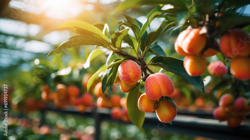 Ripe organic peaches growing on tree in greenhouse. Healthy fruits concept Generative AI photo