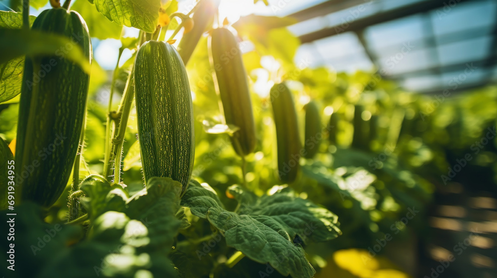 Ripe Zucchini plants growing in greenhouse. Organic agriculture. Generative AI - obrazy, fototapety, plakaty 