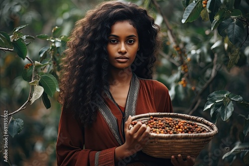 ethiopian woman amonst coffee trees holding a basket of fresh coffee beans