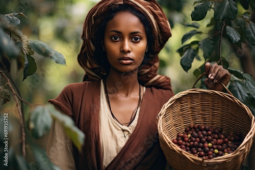 ethiopian woman amonst coffee trees holding a basket of fresh coffee beans photo