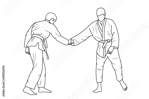 Line drawing of two young sportive judoka fighter. Judoist, judoka, athlete, duel, fight, judo