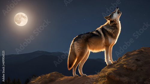 wolf on the mountain,A great wolf howling over the rock at midnight