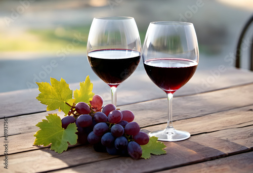 Wineglass with grape on wooden table