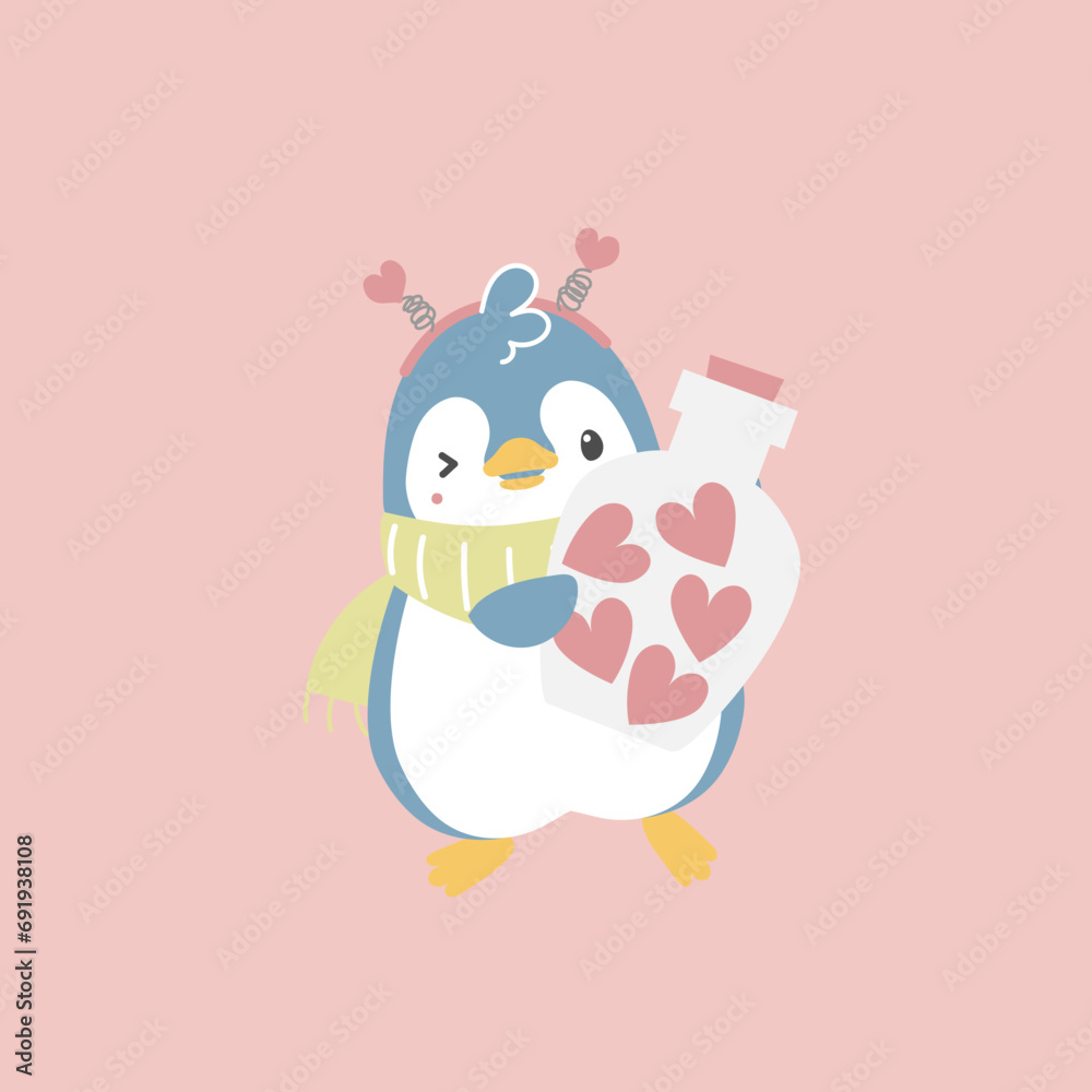 cute and lovely penguin with jar of heart, happy valentine's day, love concept, flat vector illustration cartoon character costume design cute and lovely penguin with jar of heart, happy valentine's day, love concept, flat vector illustration cartoon character costume design
