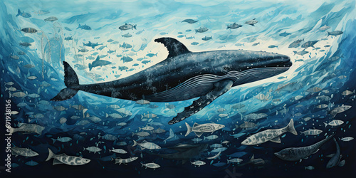Photography An image of large blue whales surrounded by fish