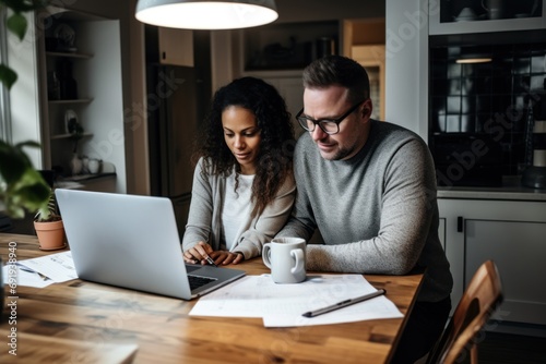 An interracial couple collaboratively planning their budget and managing home finances together in the comfort of their cozy home.