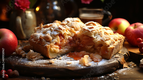 Homemade pastry, delicious apple pie with golden crunchy dough photo
