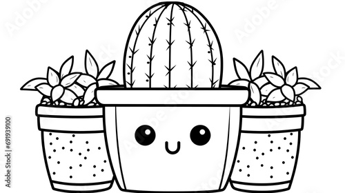 Set of cute and kawaii cactus in a pot colouring page drawing illustration. Coloring activity for kids. Simple cute kid drawing. Contour image of cactus scribble coloring sheet for adults.
