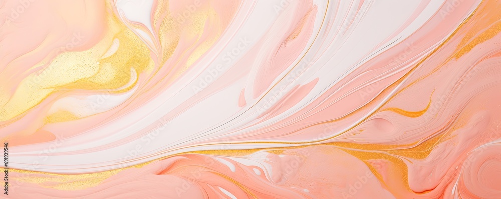 A modern marbling background characterized by beautiful peach fuzz paint swirls infused with delicate gold powder accents.