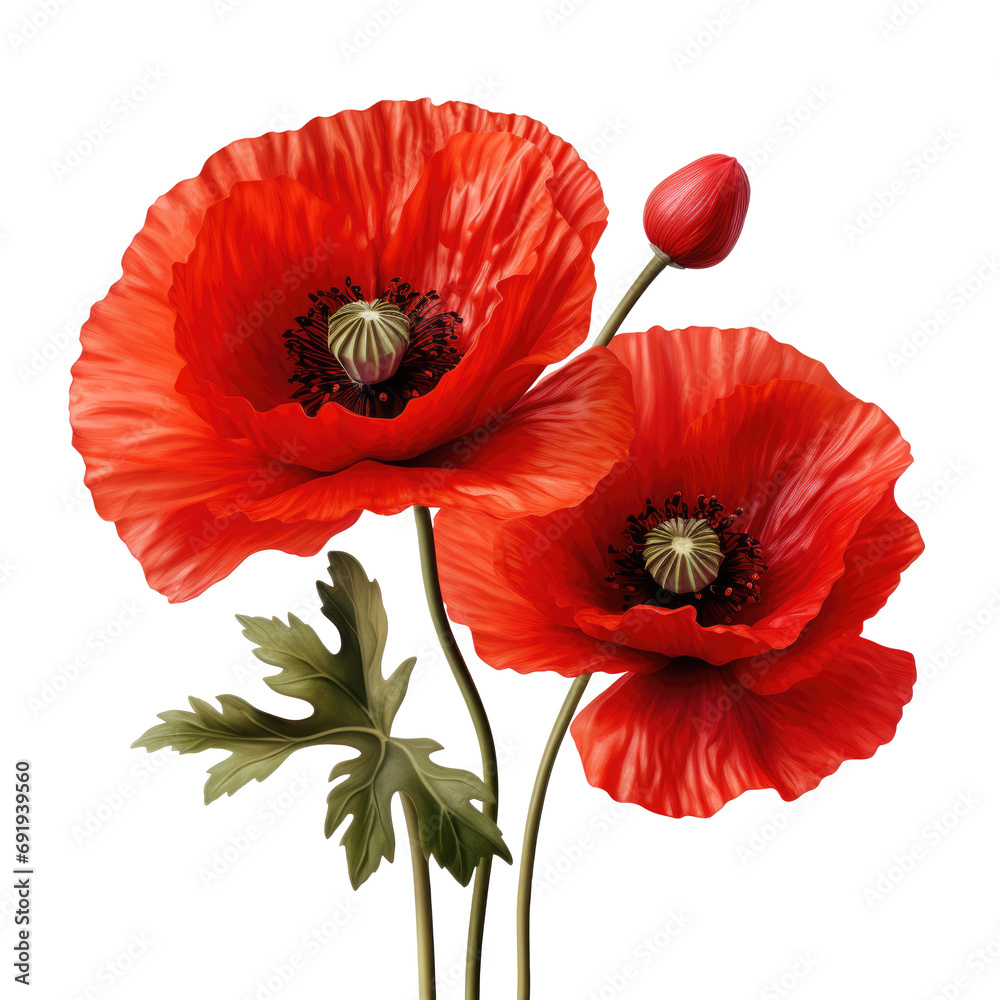 Bright red poppy flower isolated on transparent background - obrazy, fototapety, plakaty 