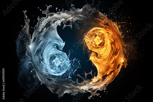 Abstract Yin and Yang Fire and Water Symbol on Black Background photo