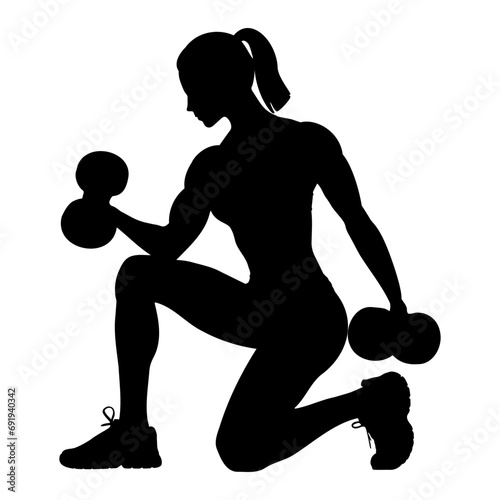 Female bodybuilder silhouette lifting dumbbells. Vector illustration