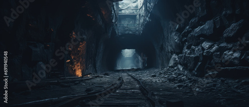 Eerie underground tunnel with abandoned train track.