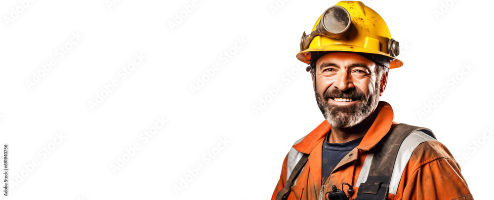 Close up of mountain worker male miner in uniform with tool, smiling successful, white background isolate. Close up of mountain worker male miner in uniform with tool, smiling successful, white background isolate.
