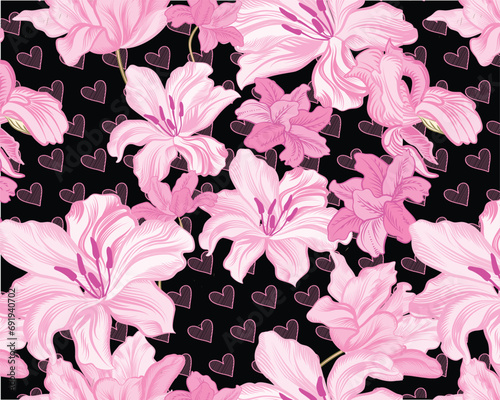 hot pink flowers over hearts allover print