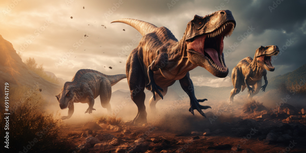 T-Rex in a prehistoric landscape, surrounded by diverse dinosaurs. - obrazy, fototapety, plakaty 