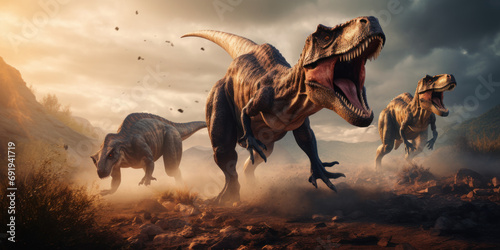 T-Rex in a prehistoric landscape  surrounded by diverse dinosaurs.