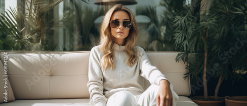 Woman in sunglasses relaxing on a white couch. photo