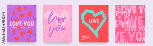 Set Creative Design Happy Valentines Day with Geometric Shape Hearts. Love You Sale. Retro Geometric Design for Ads, Web, Social Media, Banner, Cover, Card. Vector Illustration.
