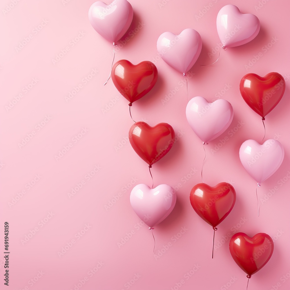 Collection of Red and Pink Heart-Shaped Balloons on Pastel Pink Background