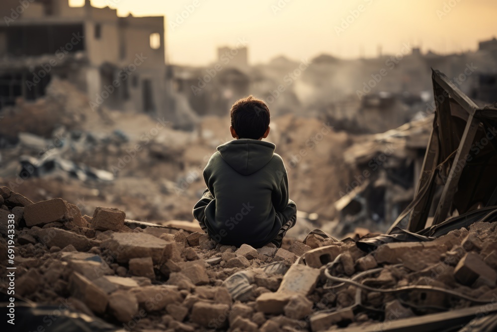 A boy in the ruins of a city destroyed by war, a small child sits and ...