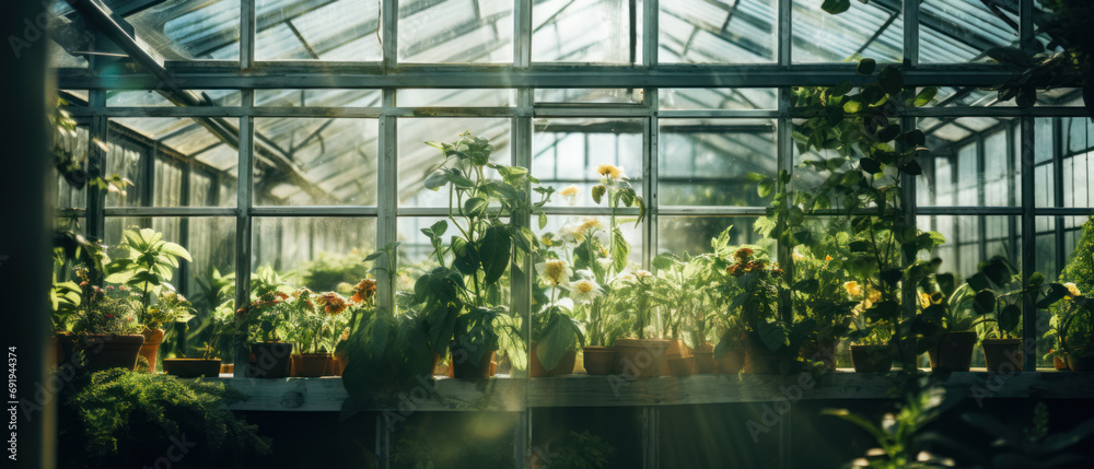 Serene greenhouse filled with lush greenery and vibrant flora. Serene greenhouse filled with lush greenery and vibrant flora.