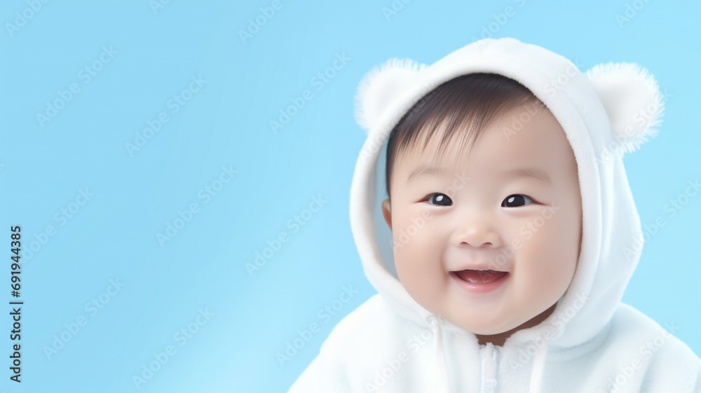 Little cute asian baby on blue background Little cute asian baby on blue background