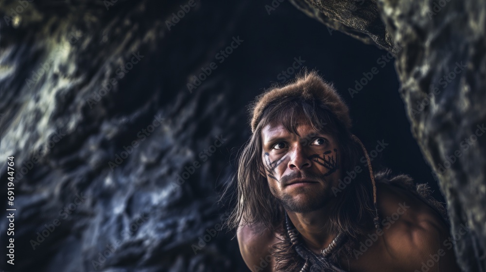 Prehistoric Caveman in Fur Clothing in a Dark Cave spying or looking at something Prehistoric Caveman in Fur Clothing in a Dark Cave spying or looking at something