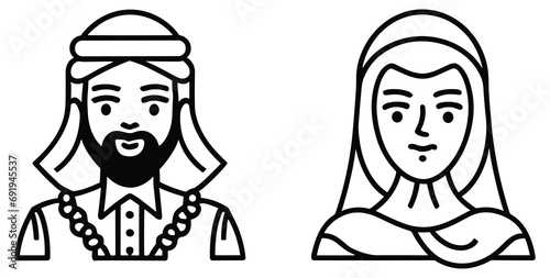 Arabic muslim man and woman linear icons. Saudi arab faceless people avatar. line silhouette. Traditional уastern arab couple. Outline flat style. Vector illustration.
