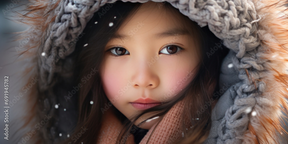 Fototapeta premium Young girl in fur coat with intense gaze.