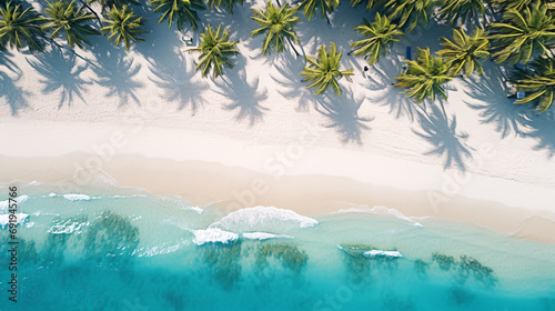 Beautiful tropical beach with white sand and coconut trees  blue turquoise color sea and wave  tranquil seascape in summer  aerial view.