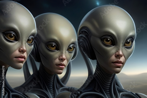 Atmospheric portrait of a group of alien beings from another planet with space background. Generative AI