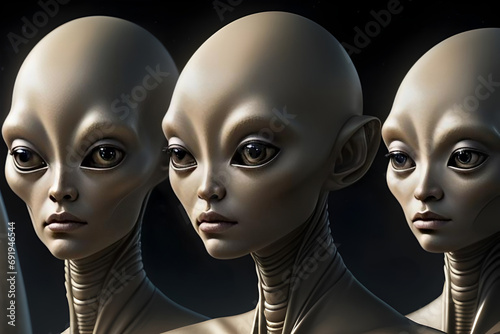 Atmospheric portrait of a group of alien beings from another planet with space background.  Generative AI