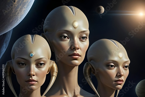 Atmospheric portrait of a group of alien beings from another planet with space background.  Generative AI