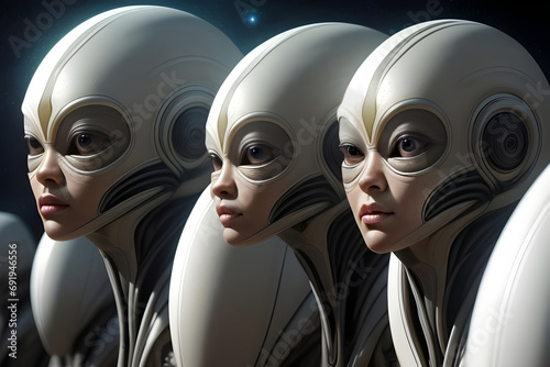 Atmospheric portrait of a group of alien beings from another planet with space background.  Generative AI